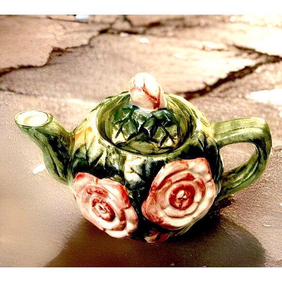 Child’s Miniature Ceramic Green Teapot with Pink Roses and Lid - Picture 2 of 6
